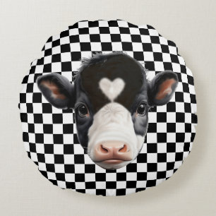 Custom Cow Face on Black & White Chess Pattern Round Pillow