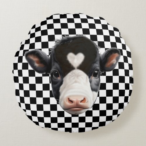 Custom Cow Face on Black  White Chess Pattern Round Pillow