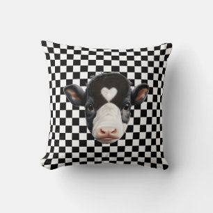 Custom Cow Face on Black & White Chess Pattern Throw Pillow