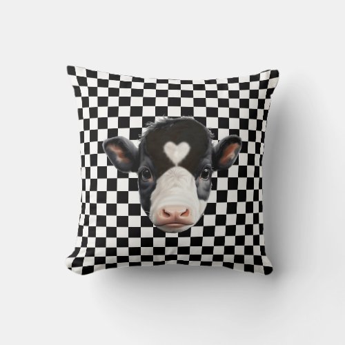 Custom Cow Face on Black  White Chess Pattern Throw Pillow