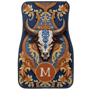 Custom Cow Head Western Tooled Leather Damask Car Floor Mat