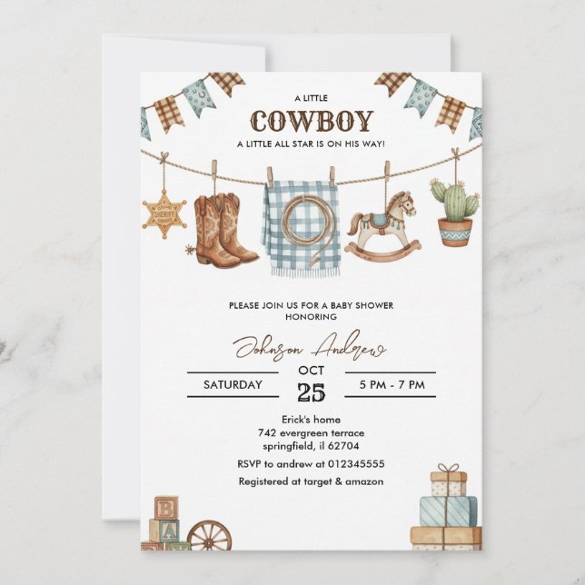Custom Cowboy Baby Shower Invitation (Front)