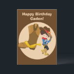 Custom Cowboy Kids Country Happy Birthday Card<br><div class="desc">A cute customized cowboy birthday card featuring a farm kid leaning against a giant cowboy boot tipping his brown hat with a yellow star. A great country child card personalized with their name.</div>