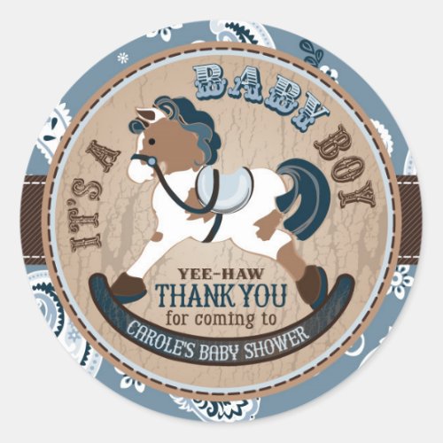 Custom Cowboy Rocking Horse Western Baby Shower Classic Round Sticker