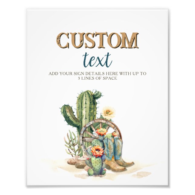 Custom Cowgirl Up Rodeo Party Cactus Boots Sign (Front)