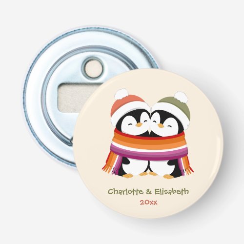 Custom Cozy Lesbian Penguins Christmas Bottle Opener