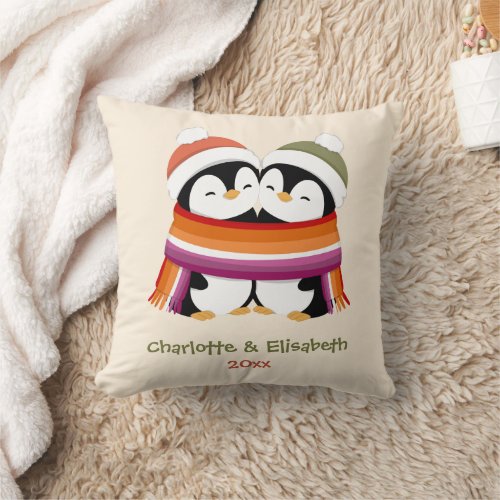 Custom Cozy Lesbian Penguins Christmas Throw Pillow