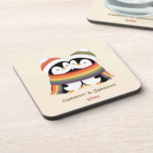 Custom Cozy Pride Penguins Christmas Beverage Coaster (Left Side)