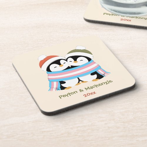 Custom Cozy Trans Penguins Christmas Beverage Coaster