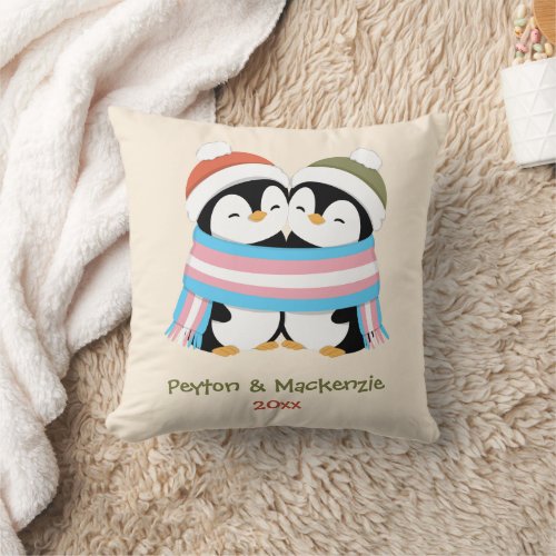 Custom Cozy Trans Penguins Christmas Throw Pillow