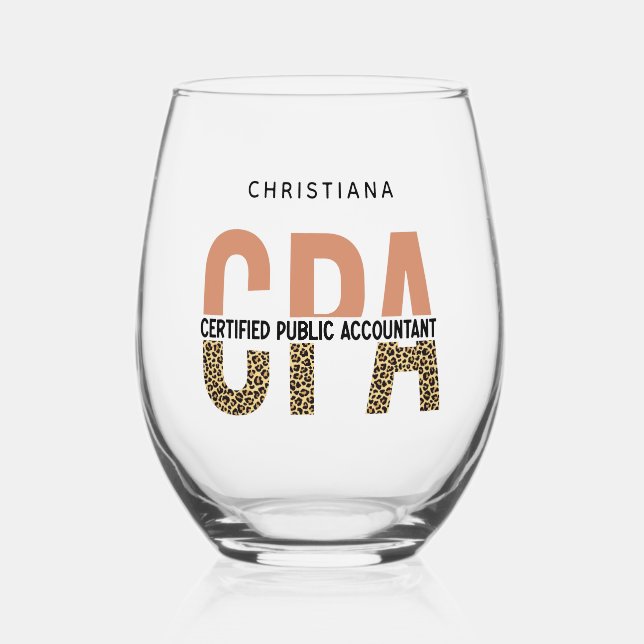 Custom CPA Certified Public Accountant Leopard Stemless Wine Glass (Front)