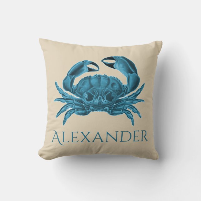 Custom Crab in Blue and Tan Throw Pillow (Front)
