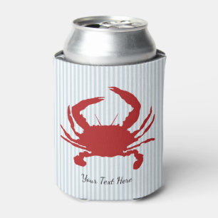 Custom Crab Painting Coastal Blue Stripe Can Cooler