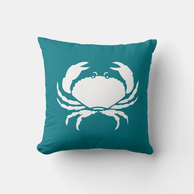 Custom CRAB WHITE on dark aqua teal blue Throw Pillow (Front)