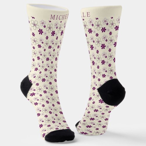 Custom Cream Beige Floral Purple Flowers Pattern Socks