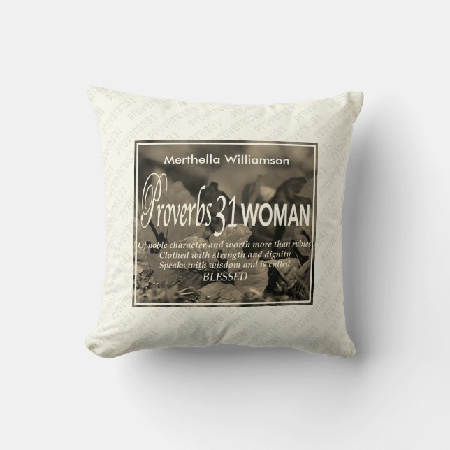 Custom Cream Proverbs 31 Woman Throw Pillow (Front)