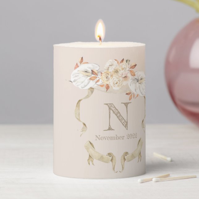 Custom Cream Rose Monogram Crest Funeral Candle (In Situ)