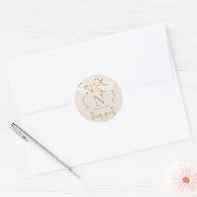 Custom Cream Rose Monogram Crest Funeral  Classic Round Sticker (Envelope)
