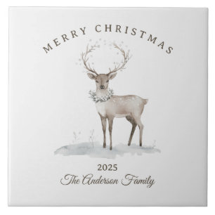 Custom cream white reindeer Christmas gift Ceramic Tile