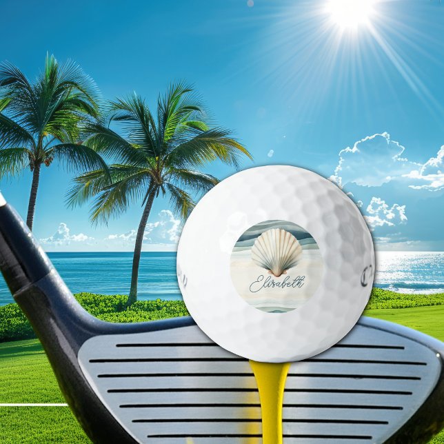 Custom Create Your Own Elegant Monogram Golf Balls (Custom golf ball with watercolor seashell, monogram initials, and name for beach life golfers)