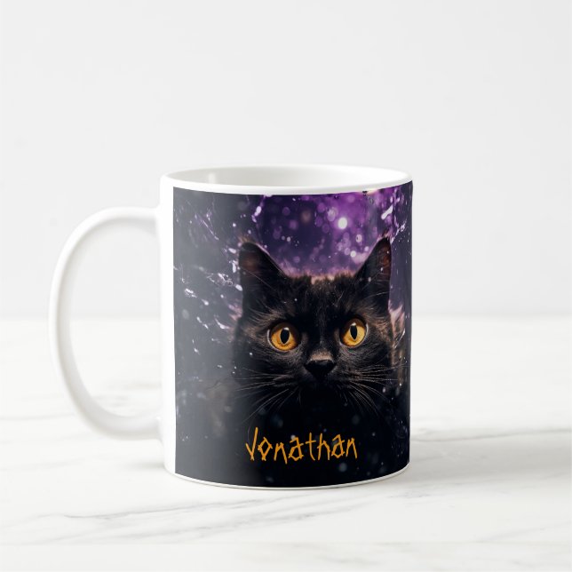 Custom Creepy Black Cat Horror Purple Halloween Coffee Mug (Left)