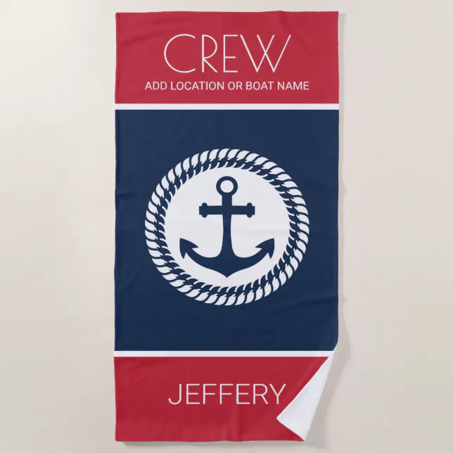 Custom Crew Captain Nautical Sailing Boat Anchor Beach Towel | Zazzle