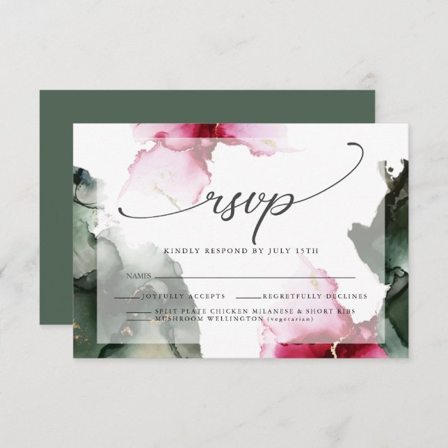Custom Crimson and Sage Green Watercolor RSVP Card (Front/Back)