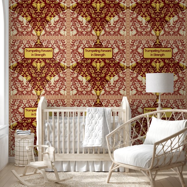 Custom Crimson Red & Gold Elephant Wall Covering Wallpaper (Kids)
