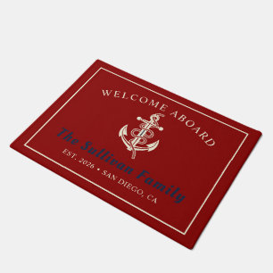Custom Crimson Red Nautical Welcome Aboard Family Doormat