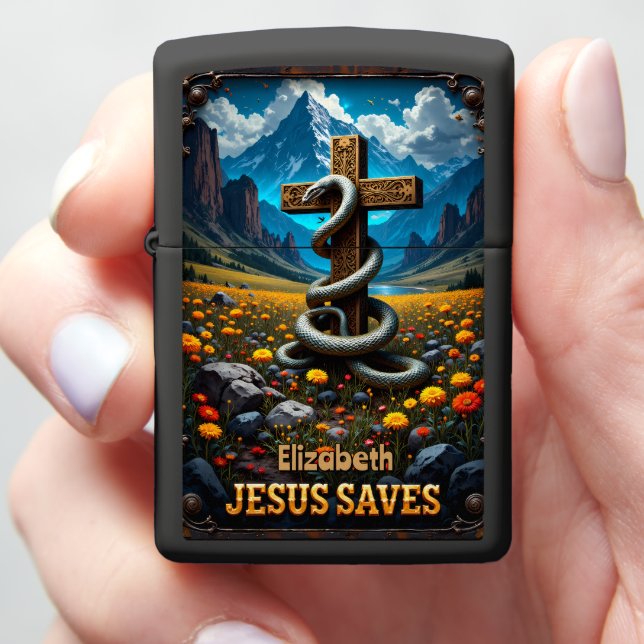 Custom Cross & Serpent: Jesus Saves Keepsake Zippo Lighter (In Hand)