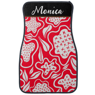 Custom Cross Stitch Look Red White Floral Design Car Floor Mat