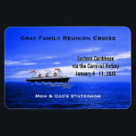 Custom Cruise Cabin Door Marker | Blue Ocean Ship Magnet<br><div class="desc">This cruise ship vacation stateroom marker magnet is completely personalized with the group cruise name, ship itinerary details, ship's name and sailing dates. Personalized names at bottom in white. Against a beautiful ocean sunset photo and cloudy sky in various shades of blue. Cartoon type drawing of vintage ship in black,...</div>