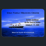 Custom Cruise Cabin Door Marker | Blue Ocean Ship Magnet<br><div class="desc">This cruise ship vacation stateroom marker magnet is completely personalized with the group cruise name, ship itinerary details, ship's name and sailing dates. Personalized names at bottom in white. Against a beautiful ocean sunset photo and cloudy sky in various shades of blue. Cartoon type drawing of vintage ship in black,...</div>