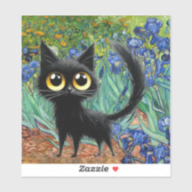 Custom-Cut Vinyl Sticker, Black Cat Purple Irises