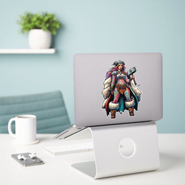 Custom-Cut Vinyl Sticker: Warrior Woman Sticker (Laptop On Desk)