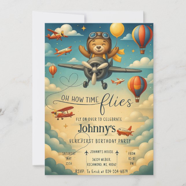 Custom cute Airplane first Birthday boy Invitation (Front)