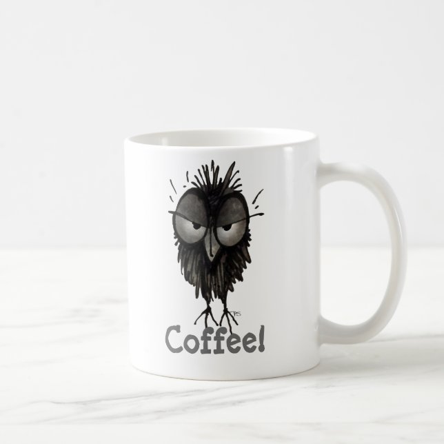 Custom Cute and Funny Grumpy Owl Saying Coffee! Coffee Mug (Right)