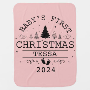 Custom Cute Baby Girl Pink First Christmas Blanket