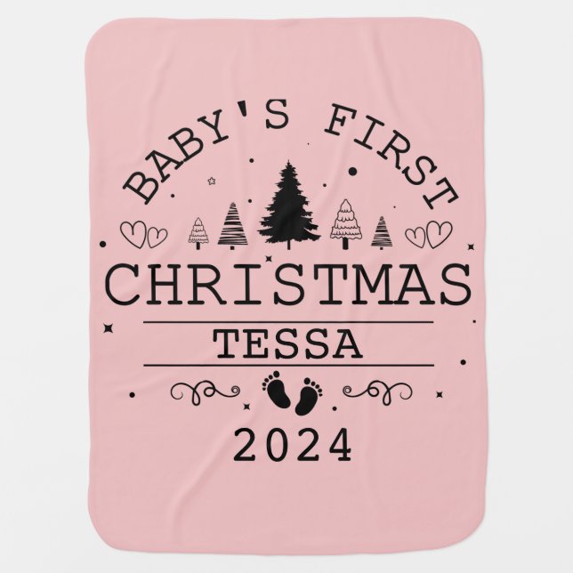 Custom Cute Baby Girl Pink First Christmas Blanket (Front)