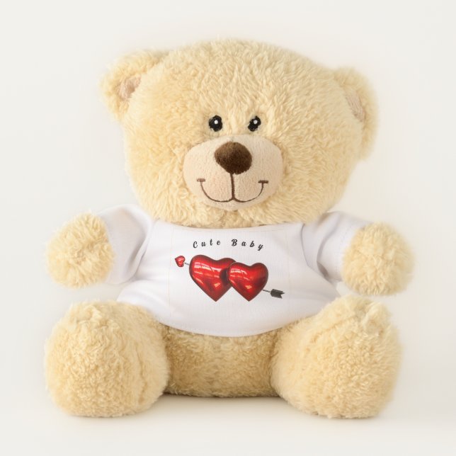 Custom Cute Baby Text With Charming Dual Red Heart Teddy Bear (Front)