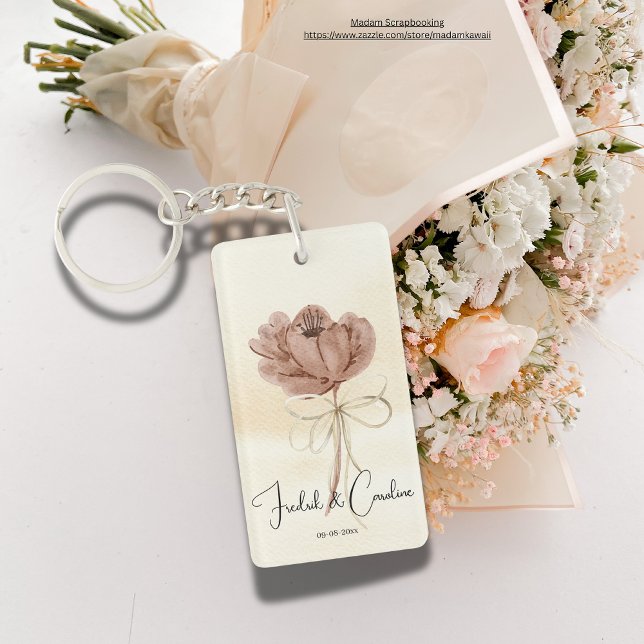 Custom cute beige tone watercolor floral Wedding Keychain (Beautiful watercolor flowers in beige background for wedding gifts with your and her name. Script.)