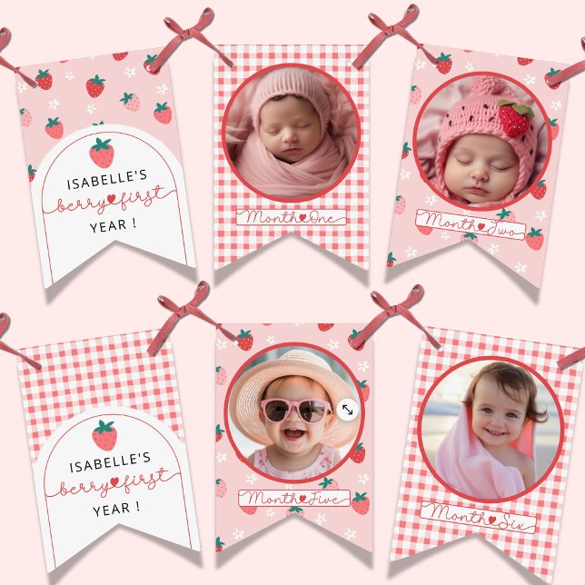 Custom Cute Berry First 1st Birthday Pink 12 Photo Bunting Flags (Creator Uploaded)