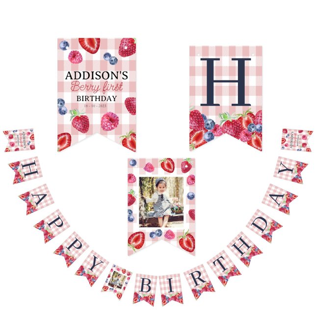 Custom Cute Berry First Birthday Pink Plaid  Bunting Flags (Creator Uploaded)