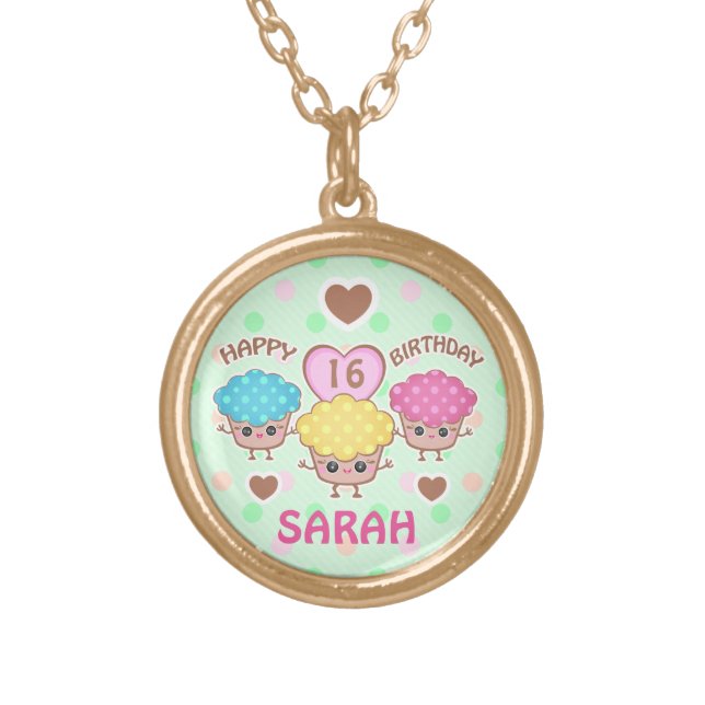 Custom Cute Birthday Girl Kawaii Cupcakes Necklace (Front)