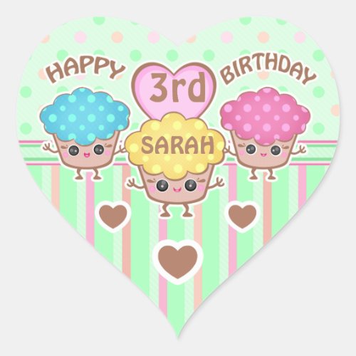 Custom Cute Birthday Girl Kawaii Cupcakes Stickers