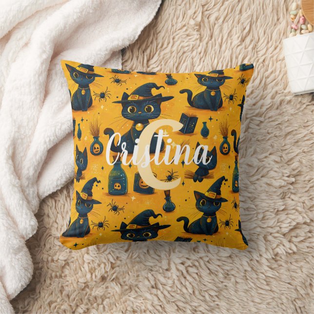 Custom Cute Black Cats Pattern Orange Halloween Throw Pillow (Blanket)