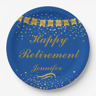 Custom Cute Blue and gold Happy Retirement Paper Plates