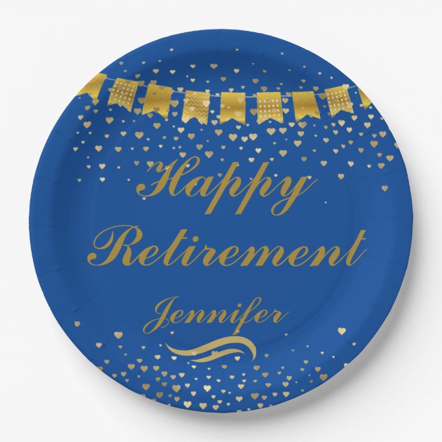 Custom Cute Blue and gold Happy Retirement Paper Plates (Front)