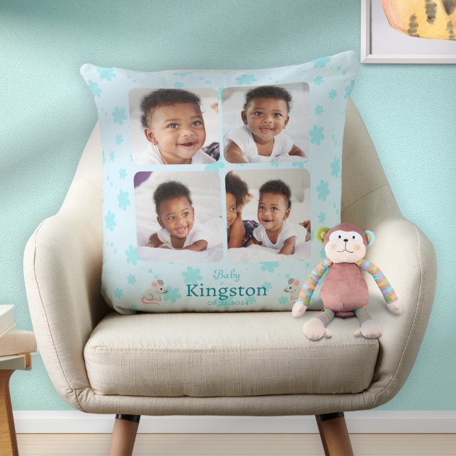 Custom Cute Blue Baby Name Photo  Throw Pillow (Creator Uploaded)