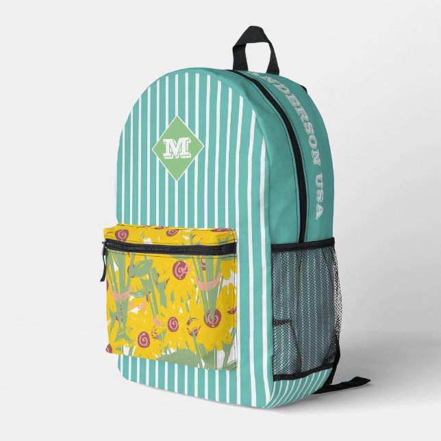 Custom cute blue stripes and yellow flowers modern printed backpack (Back Corner Right)